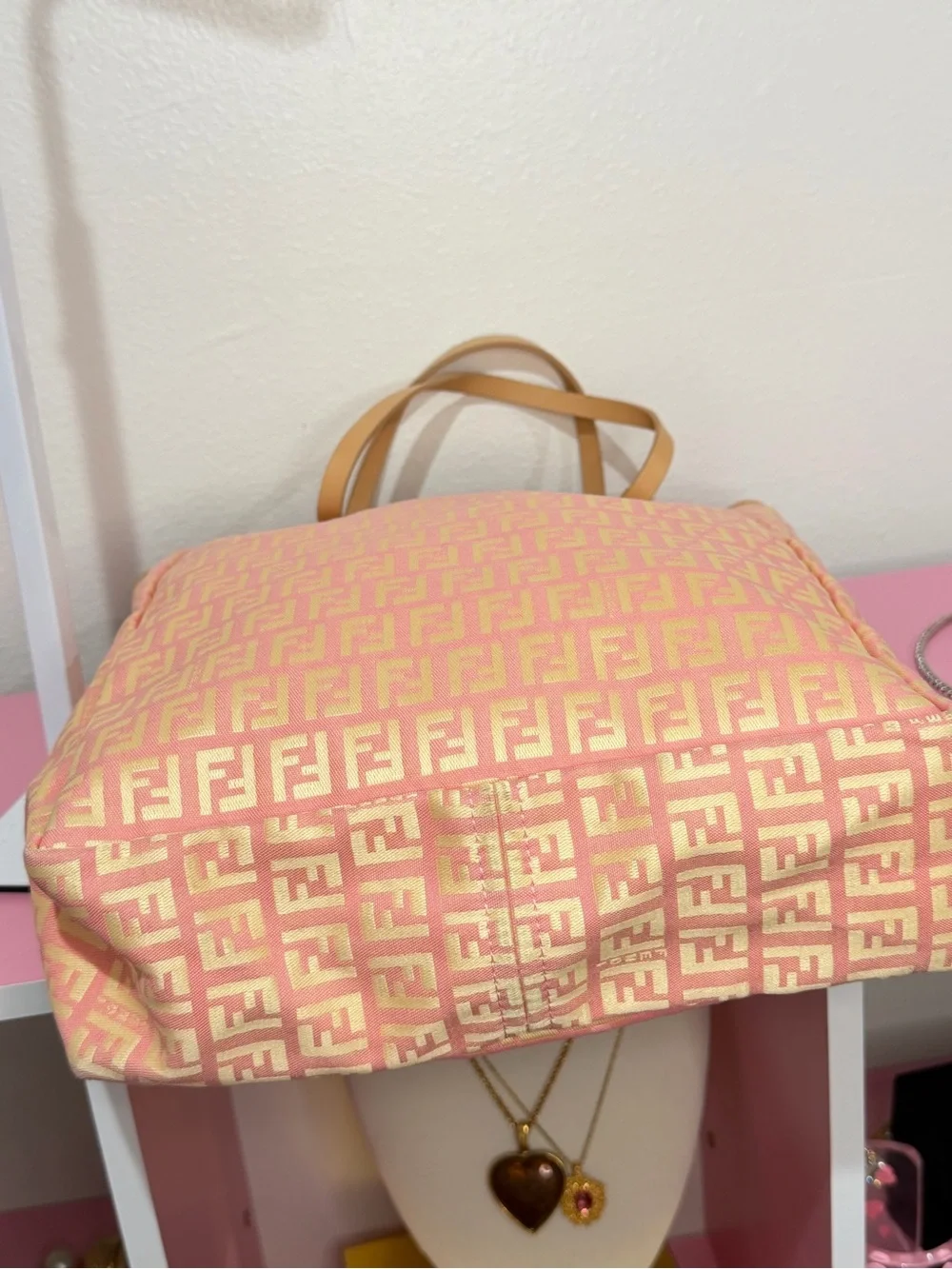 Fendi Pink and Tan Zucca Monogram Tote with Pouch